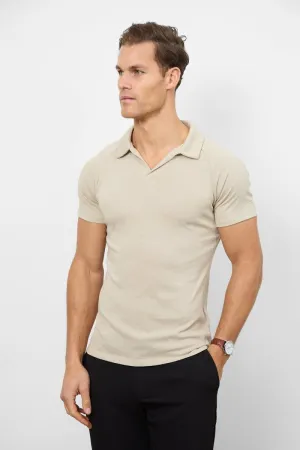Knit Look Open Collar Polo Shirt in Stone Stylish Detail Soft Jersey Fabric