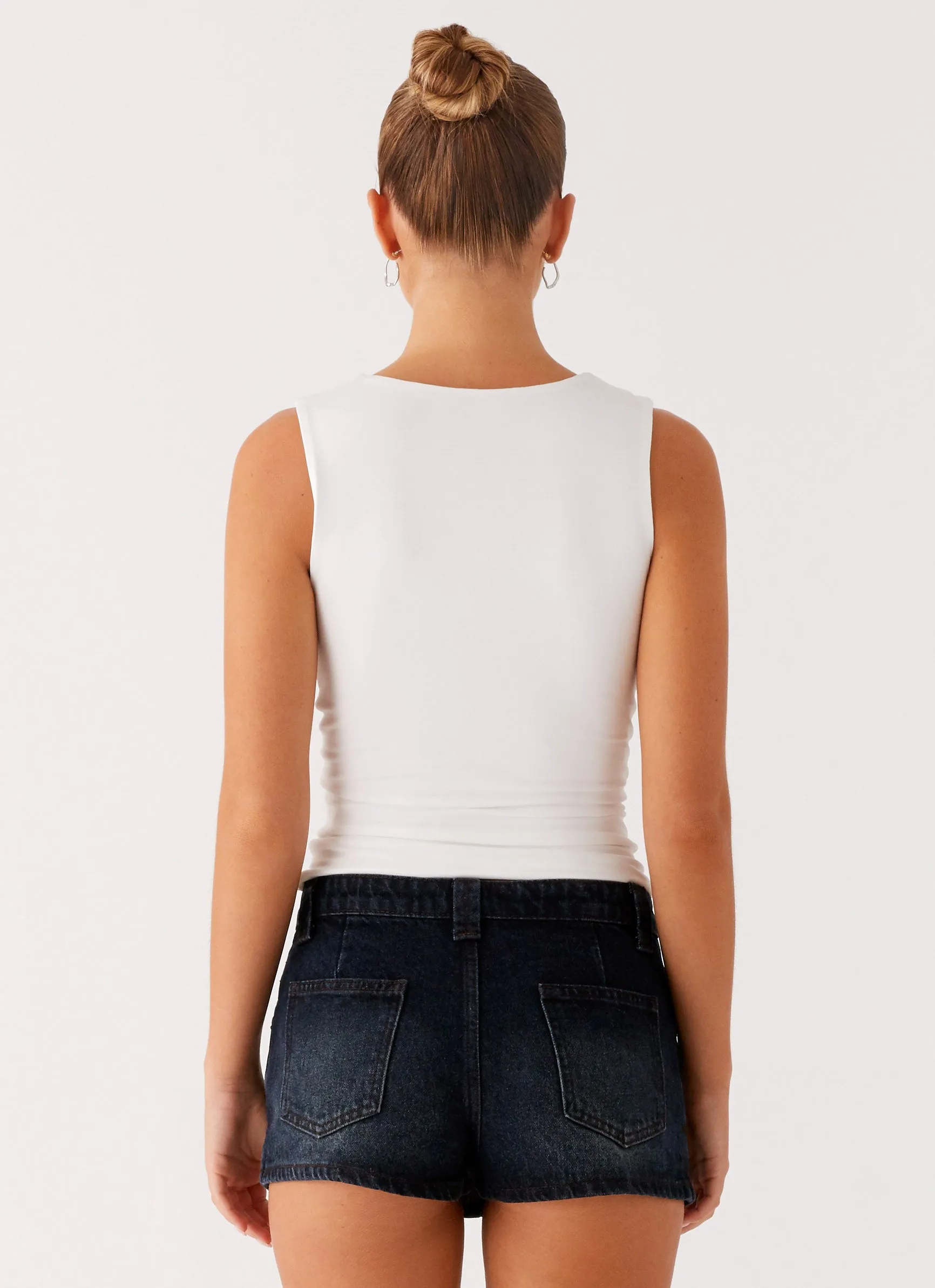 Travel Friendly Asymmetric-Neck Tropics Low Rise Denim Mini Skort - Washed Dark Blue
