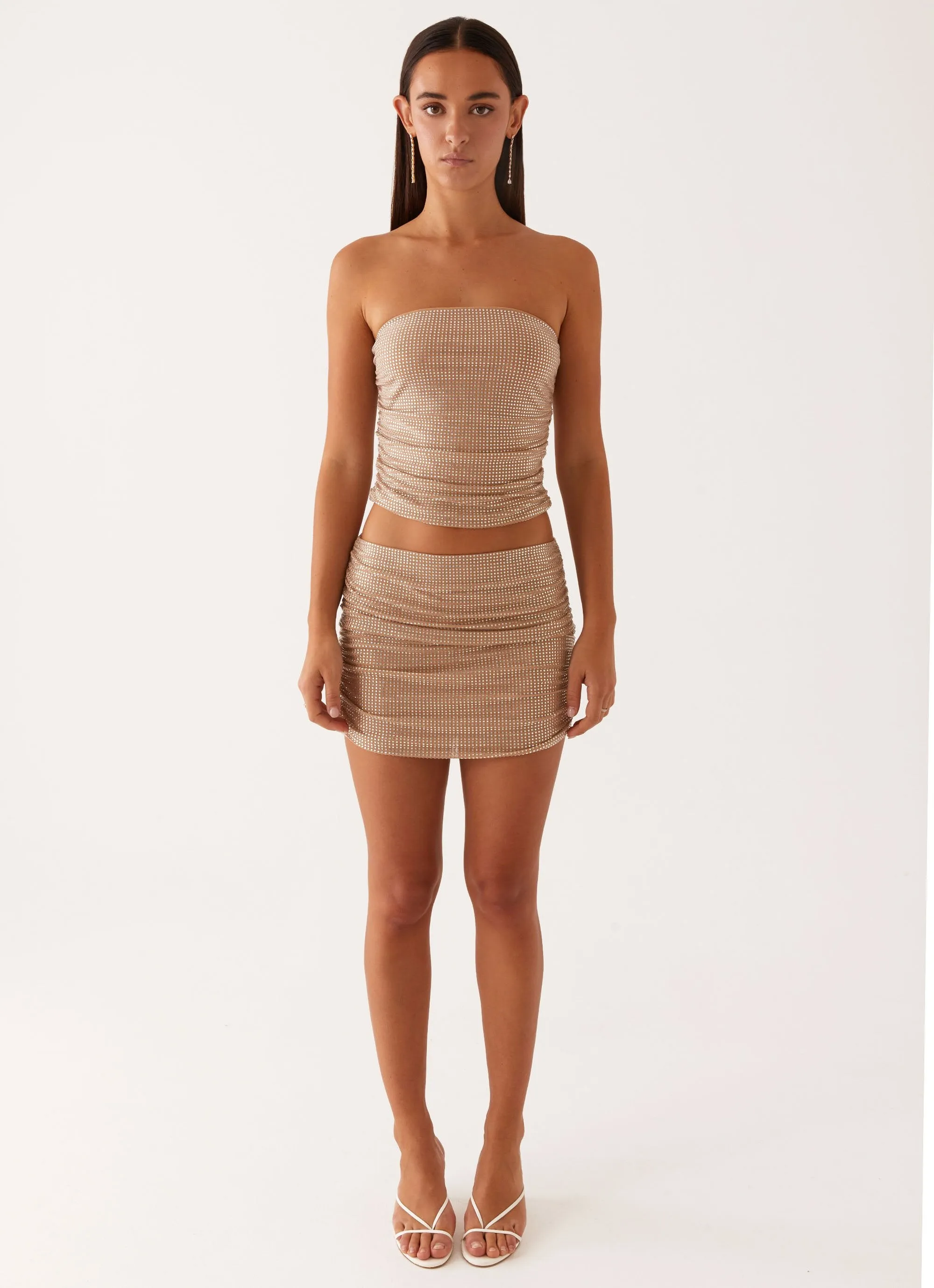 Brightside Rhinestone Mini Skirt - Silver Social Ease Tailored Mood