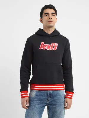 Seamless Shoulder Men's Brand Logo Black Hooded Sweatshirt