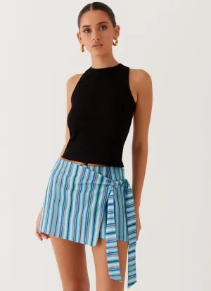 FlatlockSeam Steal Away Linen Wrap Skirt - Blue Stripe