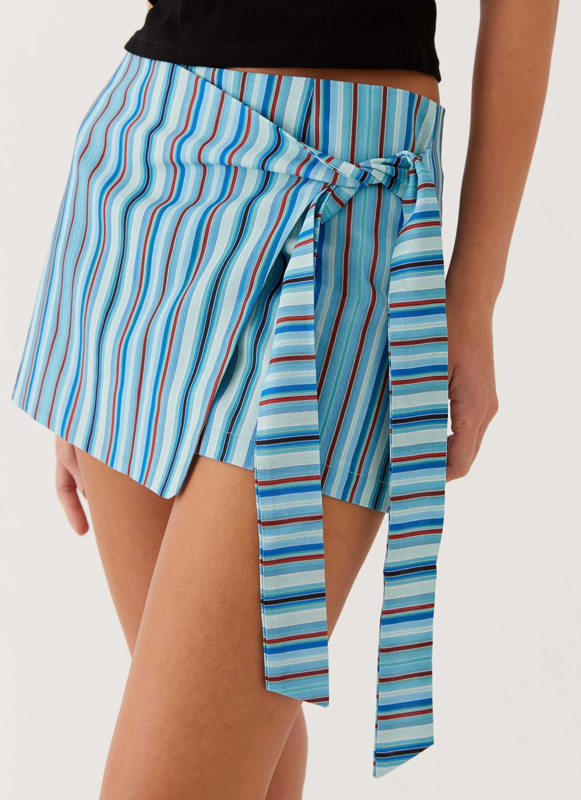 Retro Vibes Steal Away Linen Wrap Skirt - Blue Stripe