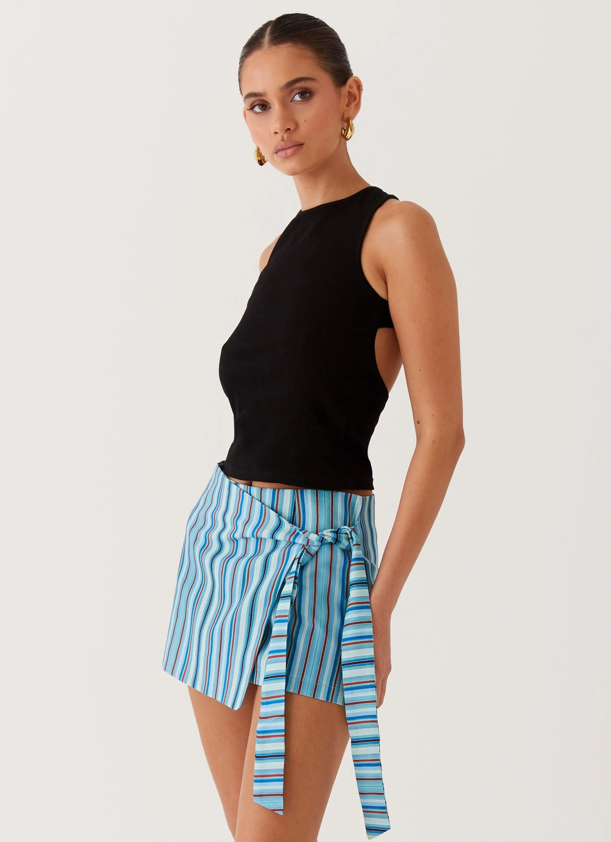 Soft Appeal Boho Aesthetic Steal Away Linen Wrap Skirt - Blue Stripe
