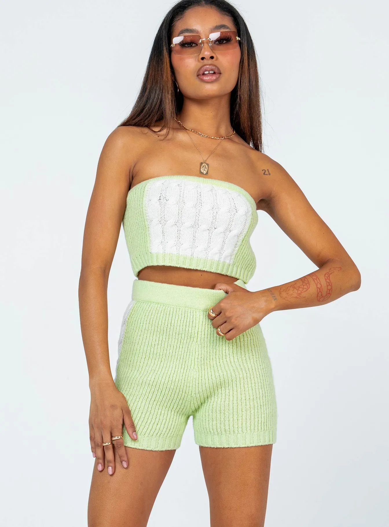 Cal Cable Knit Shorts Green Flexible Waistband