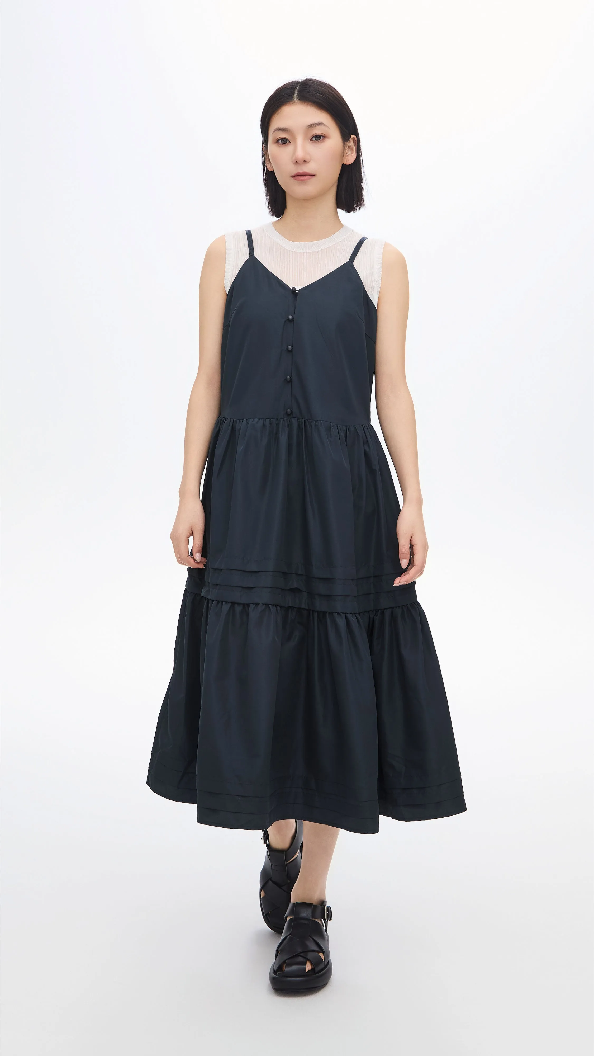 MicroPerforatedTexture Sheer Glow Gather Pleaded Dress