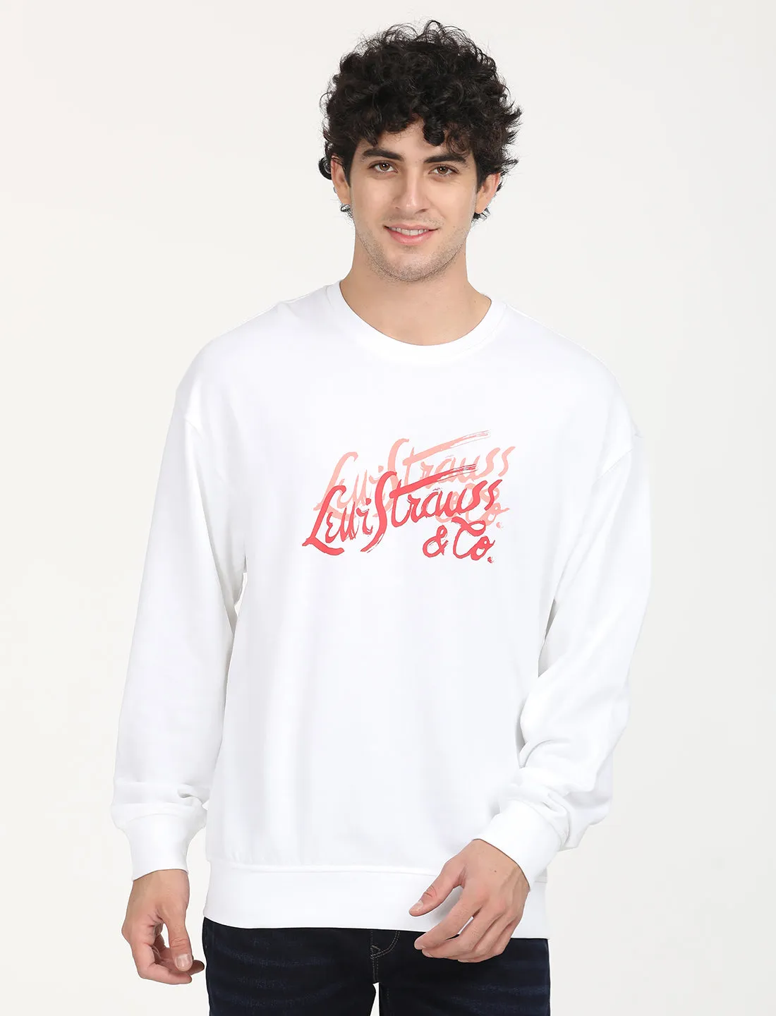 Tagless Design Drawstring Hood Men's Solid White Crew Neck Sweatshirt