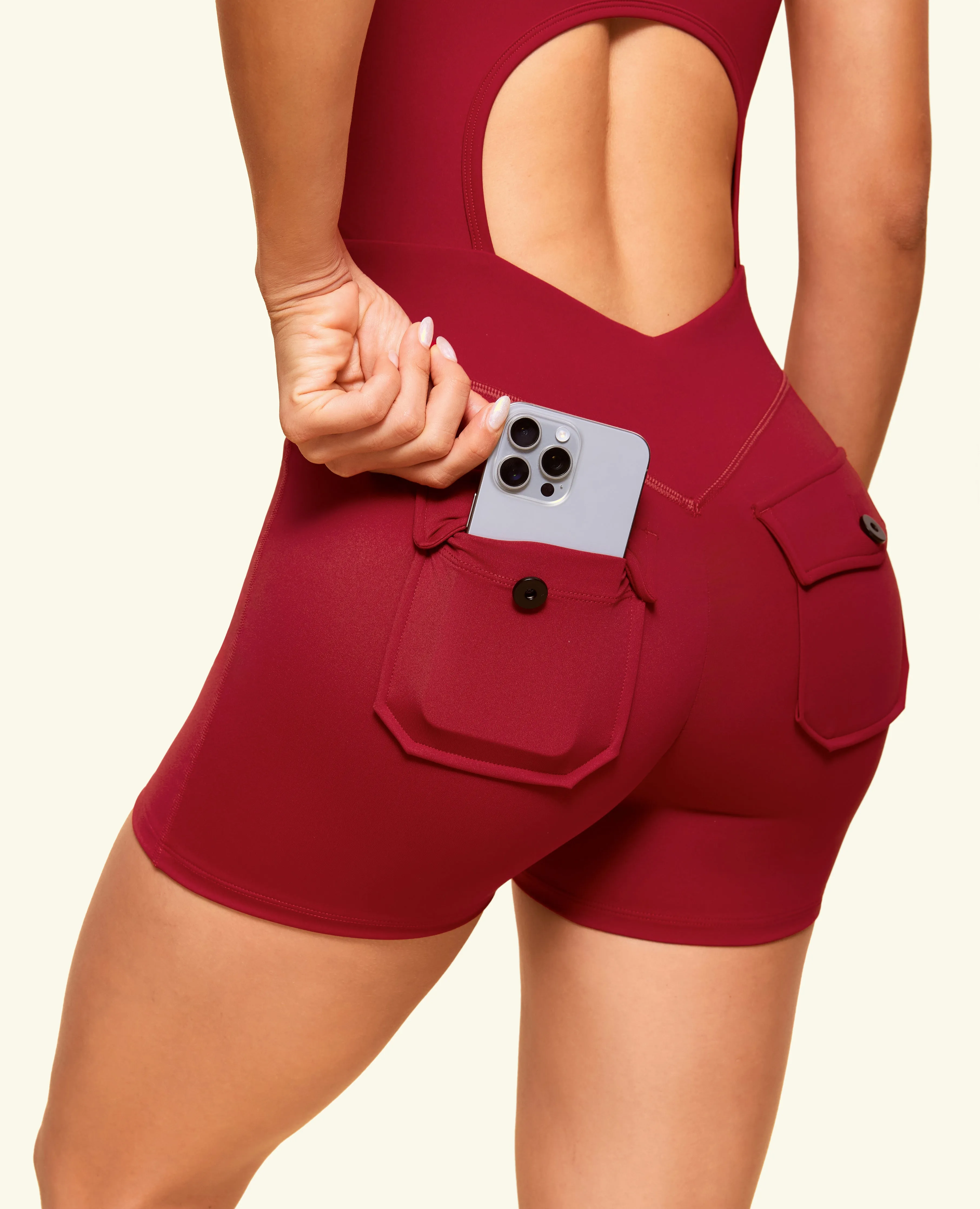 OdorResistantFabric MoistureWickingMaterial One Shoulder Pocket Bodysuit Short  - Red Cranberry