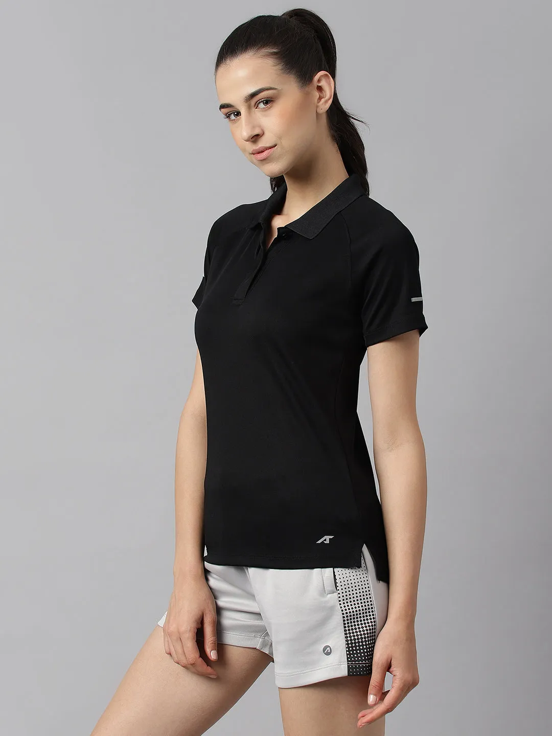 Tapered Armhole Design Barrel Cuff Design Alcis Women Black Tech-Fit Anti-Static Soft-Touch Slim-Fit Training Polo T-Shirt