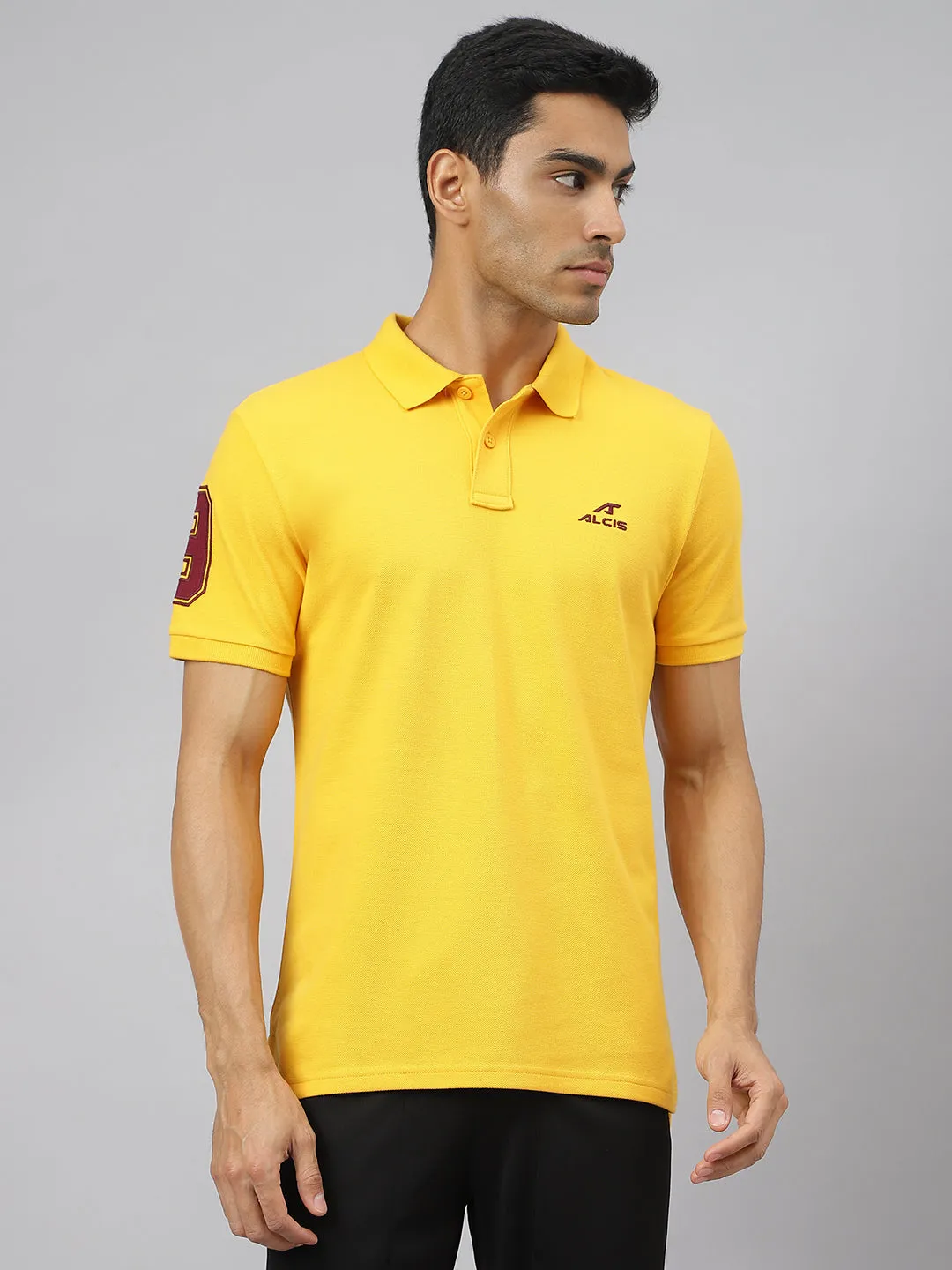 Classic Neckline Relaxed Comfort Alcis Men Banana Yellow Soft-Touch Regular-Fit Varsity Athleisure Polo T-Shirt