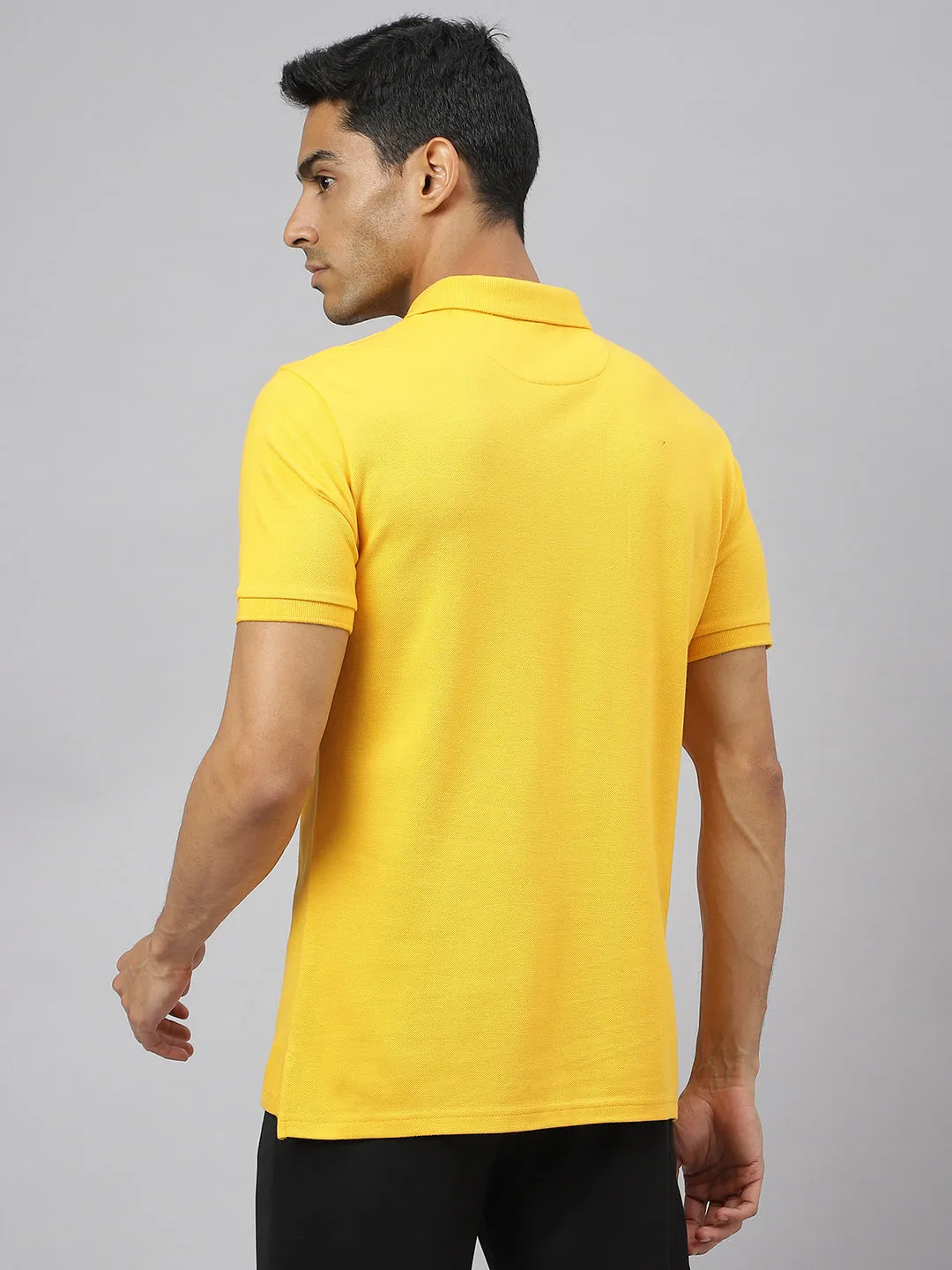 Colorfast Dye Process Business Lunch Alcis Men Banana Yellow Soft-Touch Regular-Fit Varsity Athleisure Polo T-Shirt