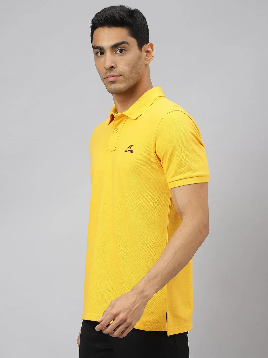 Breathable fabric Alcis Men Banana Yellow Soft-Touch Regular-Fit Varsity Athleisure Polo T-Shirt