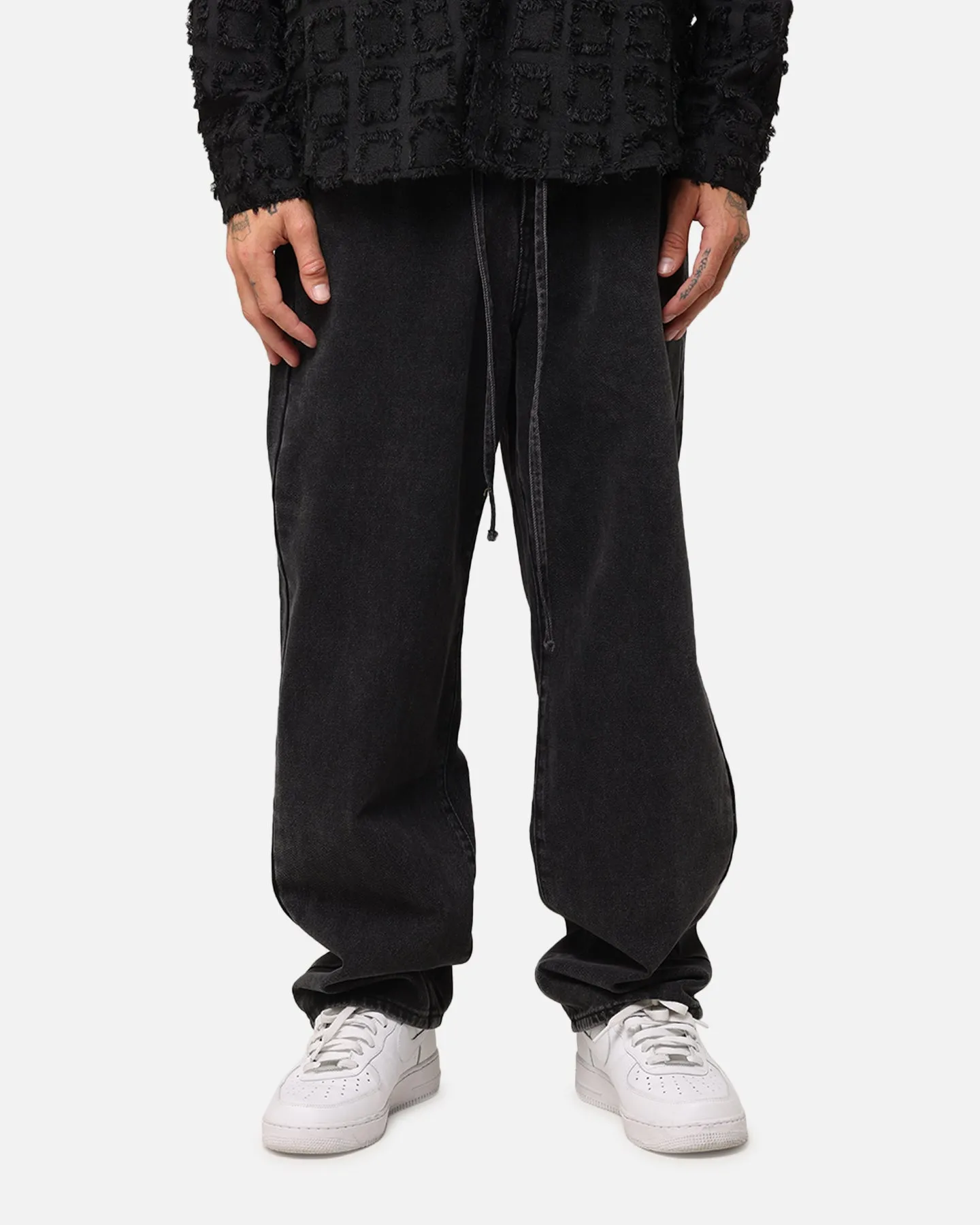 Unisex Fit Winter Warmth Durable XXIII Tie Lace Baggy Jeans Black Stonewash