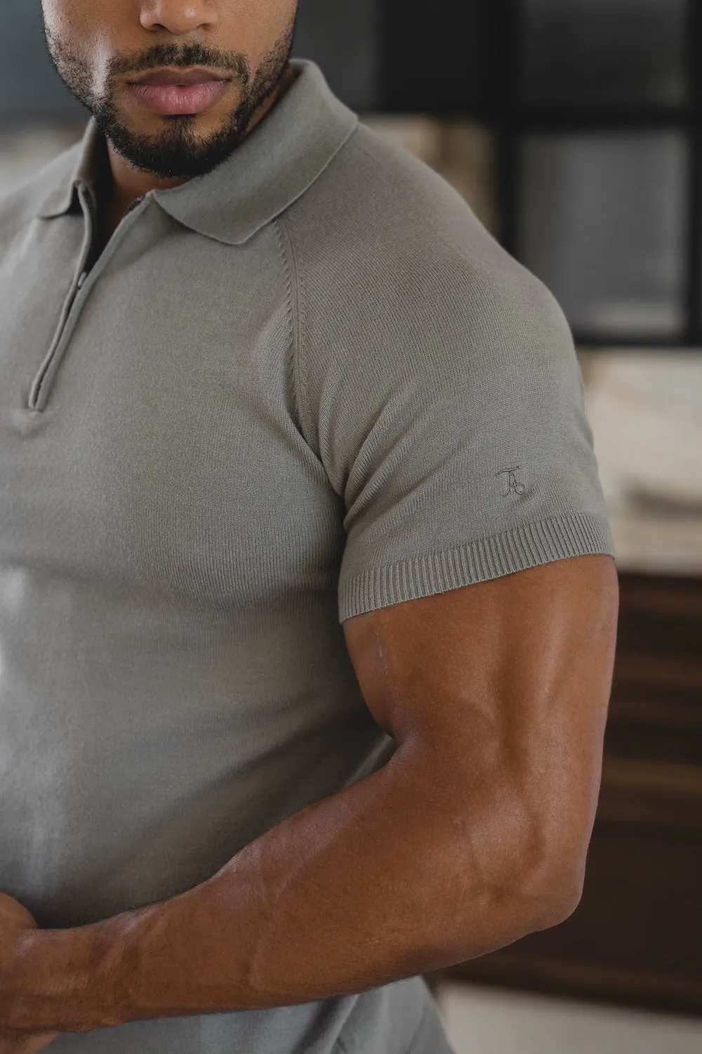 Breathable Material Knitted Half Zip Neck Polo in Dark Sage