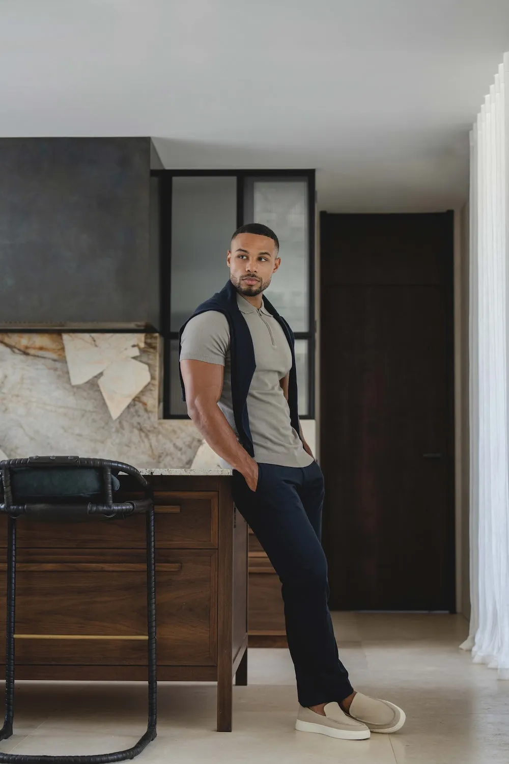 Knitted Half Zip Neck Polo in Dark Sage Office Attire
