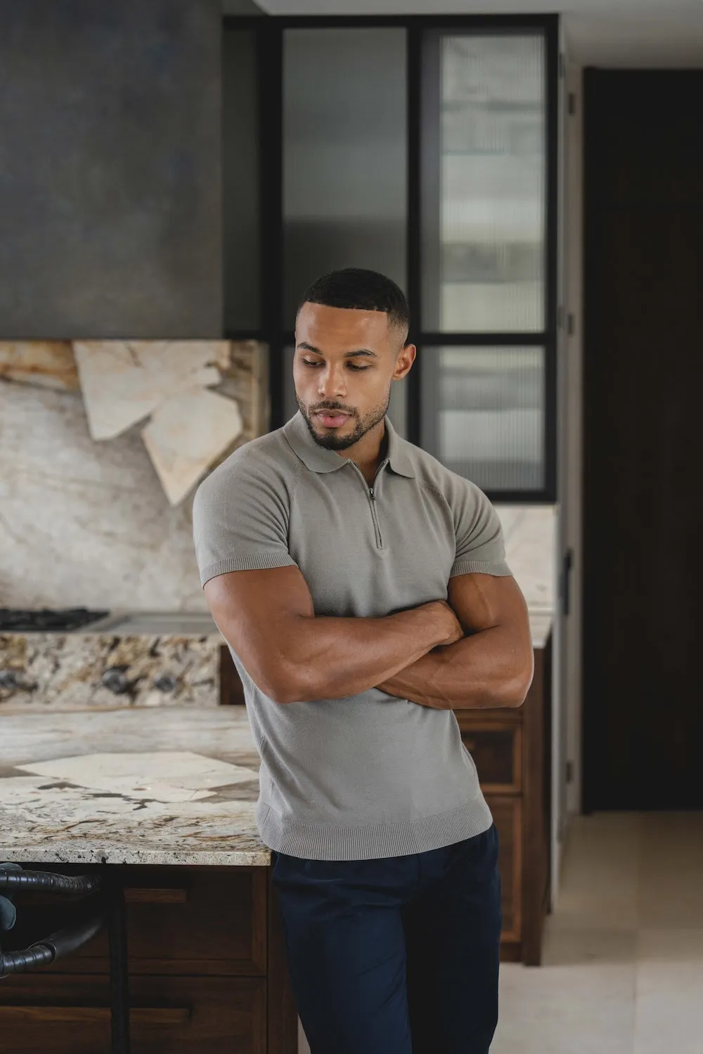 Breathable Underarm Gusset Knitted Half Zip Neck Polo in Dark Sage