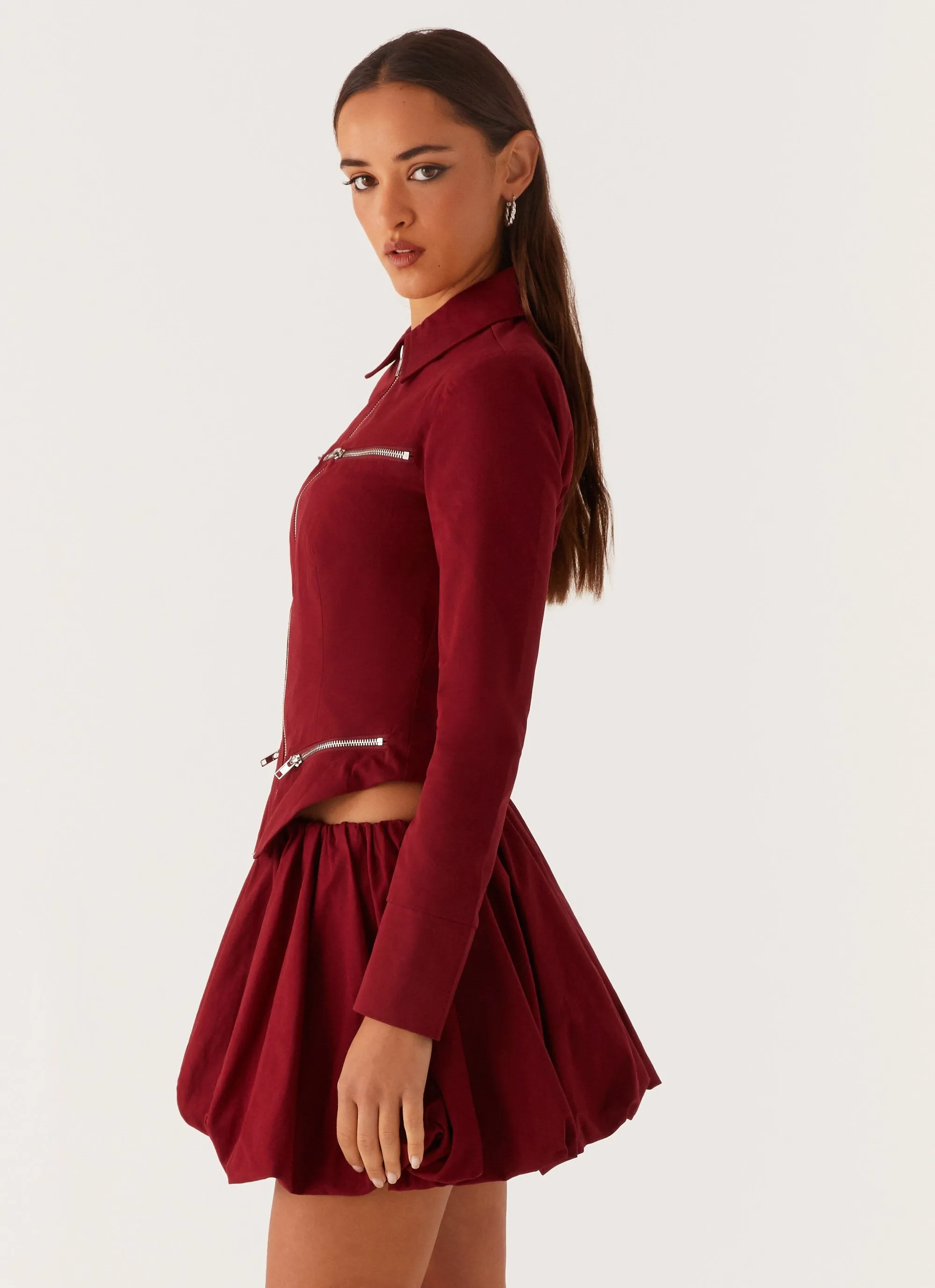 Vesper Bubble Mini Skirt - Mulberry Cut-Out-Detail Front-Slit