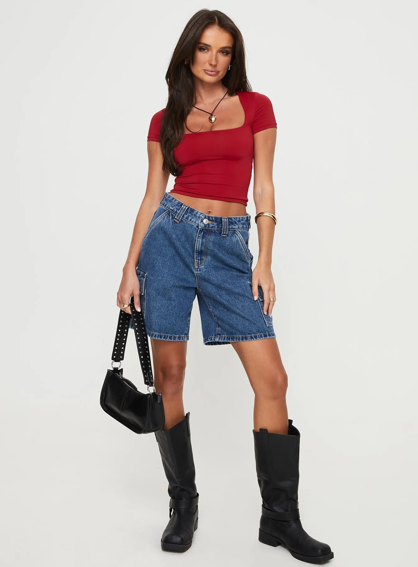 FourWayStretch Mika Carpenter Denim Shorts Mid Wash