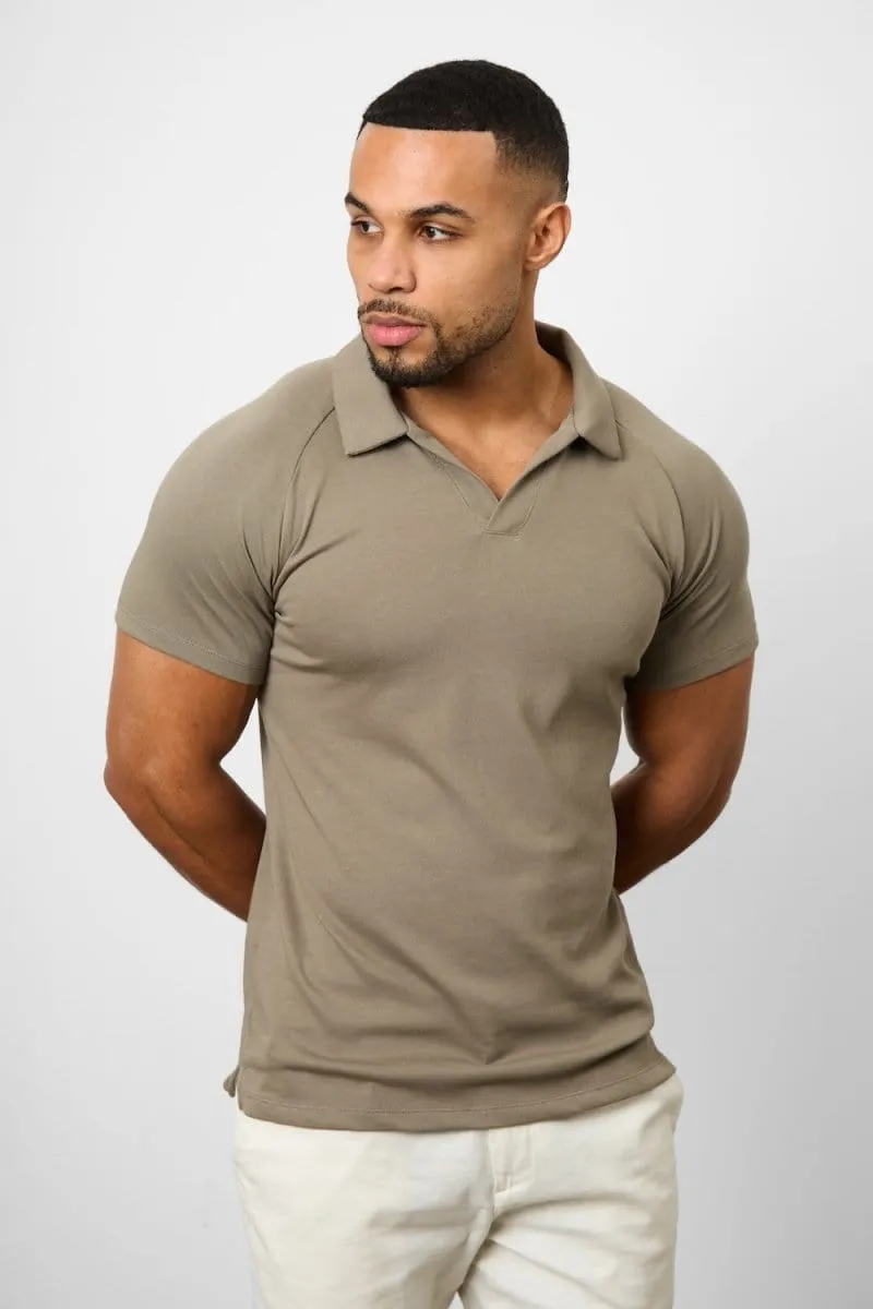Knit Look Open Collar Polo Shirt in Khaki Beach Ready