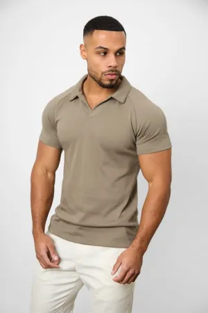 Knit Look Open Collar Polo Shirt in Khaki Reinforced Collar Stay Trendy Prints