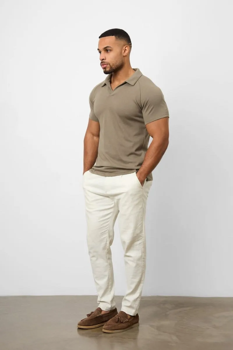 Knit Look Open Collar Polo Shirt in Khaki Summer Office