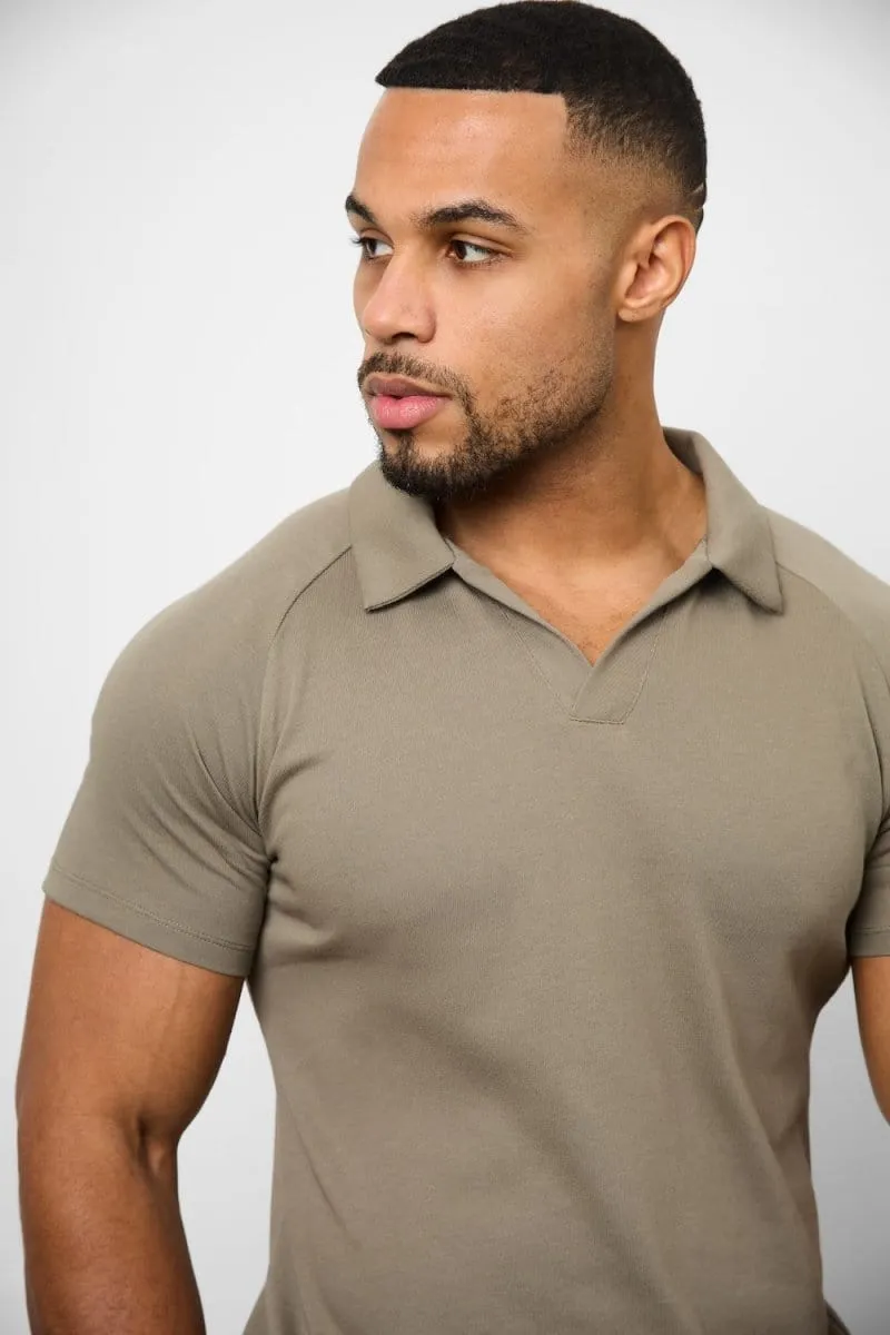 Knit Look Open Collar Polo Shirt in Khaki SingleJersey Knit