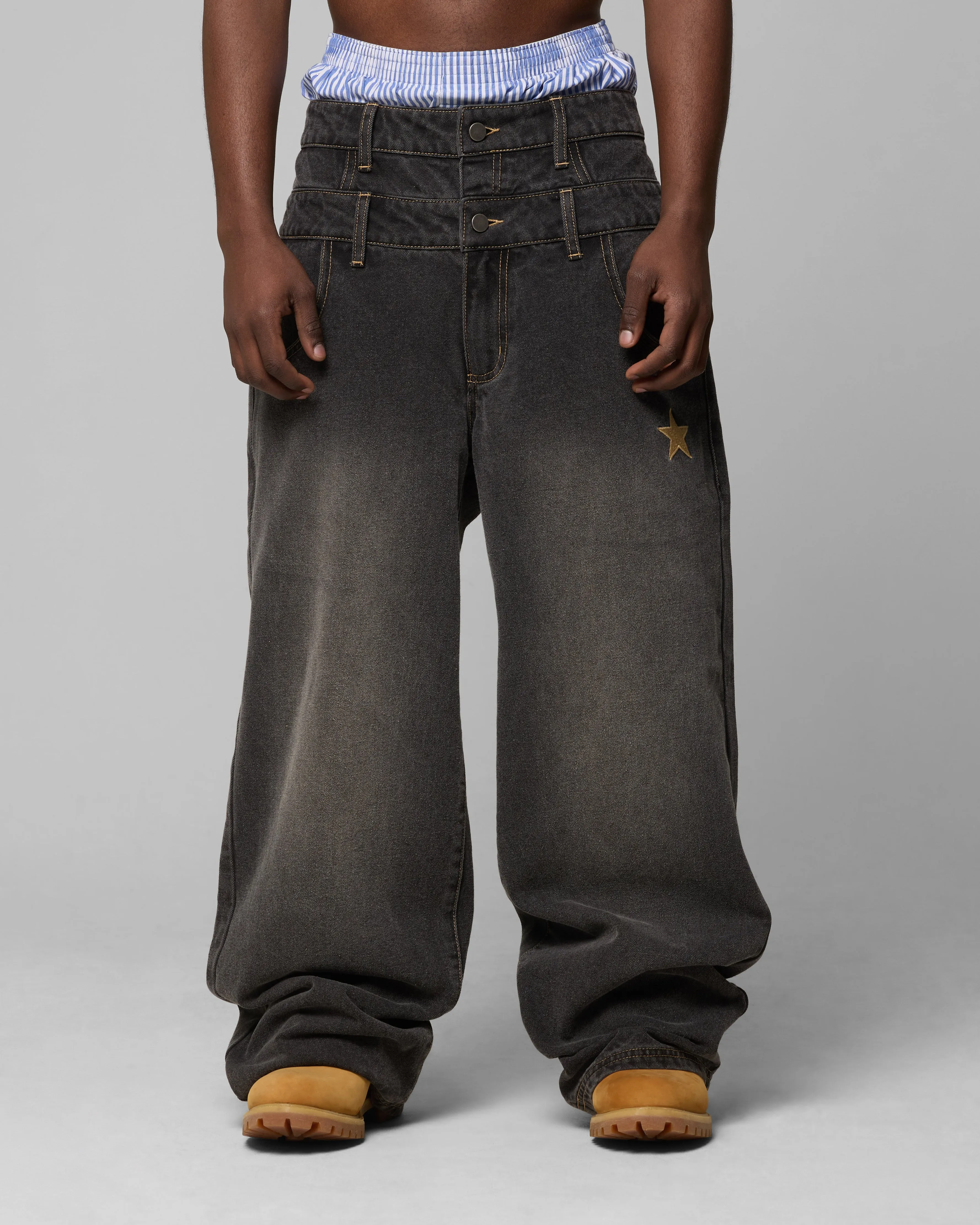 Common Wear Smooth Style Loiter Star Layered Jeans Vintage Black