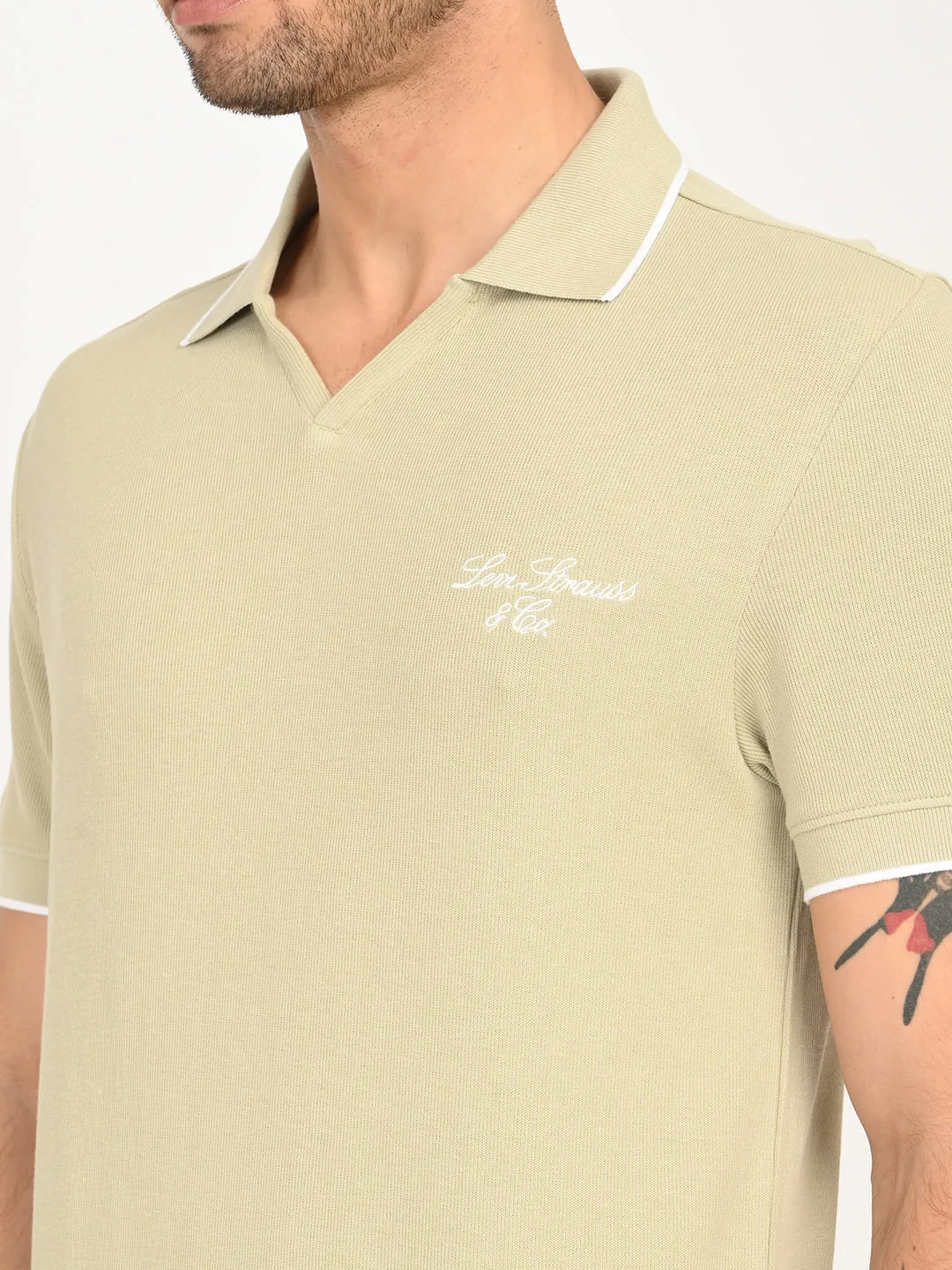 Colorfast Construction Relaxed Collar Men's Solid Beige Slim Fit Polo T-Shirt