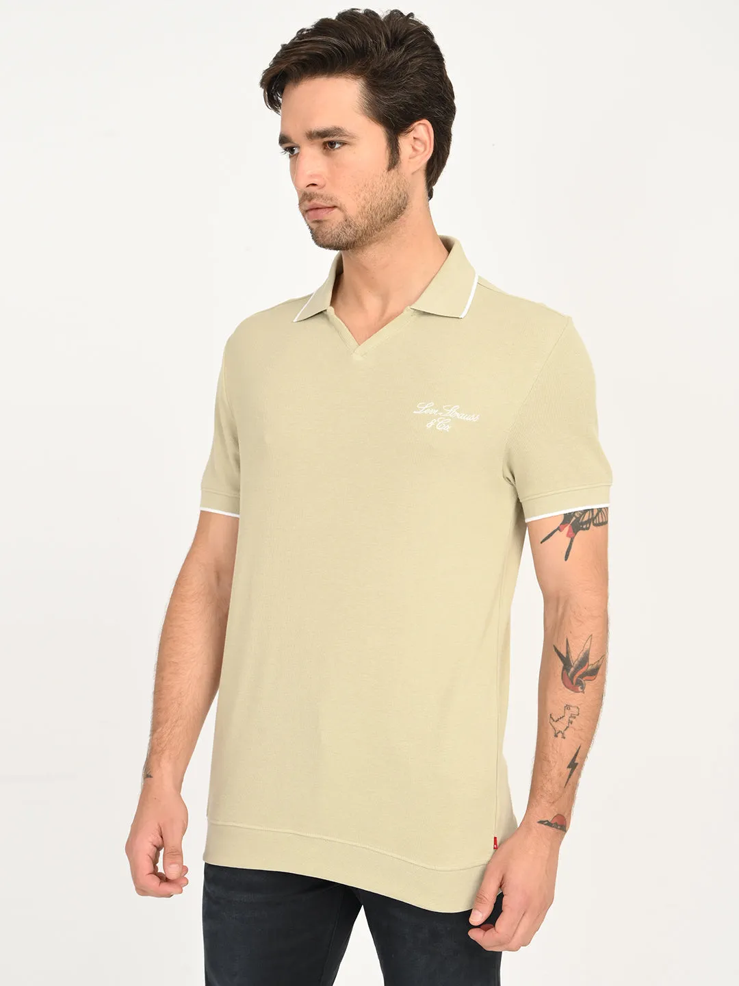 Men's Solid Beige Slim Fit Polo T-Shirt Spring Summer Moisture Wicking Fabric