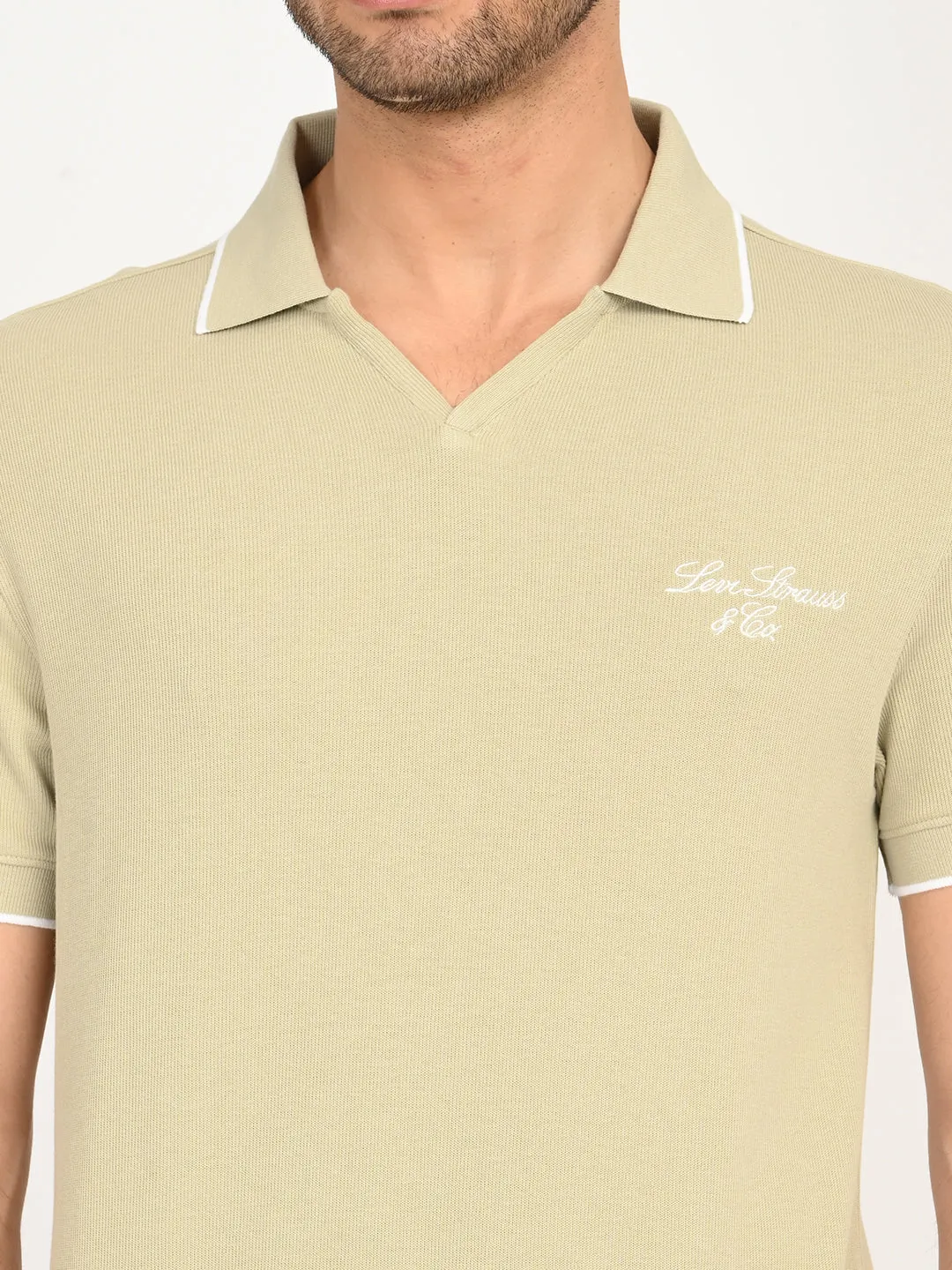 Men's Solid Beige Slim Fit Polo T-Shirt Versatile Wardrobe Contrast Trim Detail