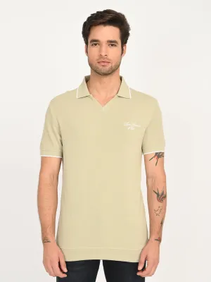Men's Solid Beige Slim Fit Polo T-Shirt Bound Edge Detailing UV Protection Blend