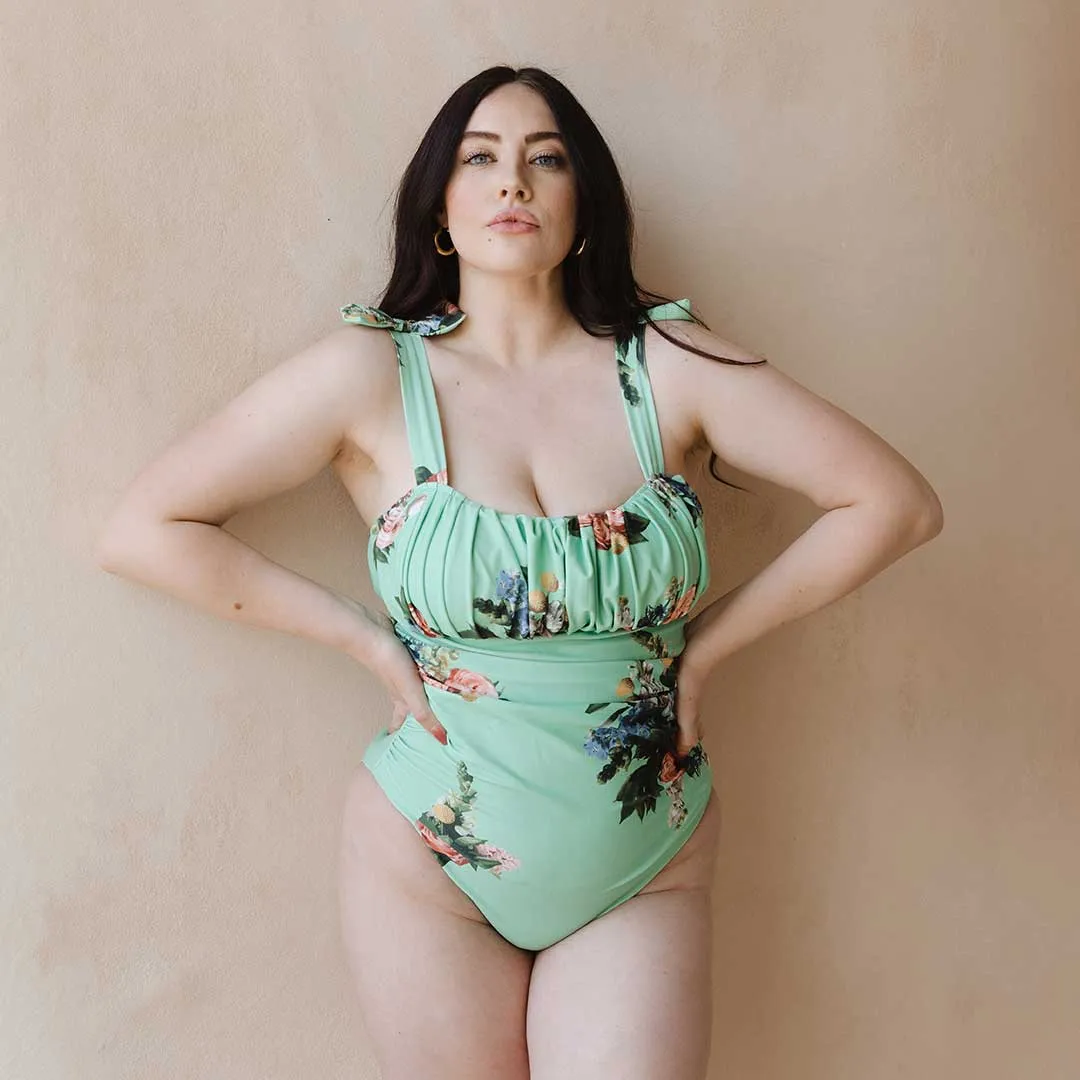 Color Lock Technology Ruched Bow One-Piece, Rose Mint
