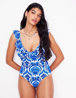 Evia Ruffle Swimsuit-Blue, Ornamental Floral Quick Release Buckle Sweat Wicking Technology
