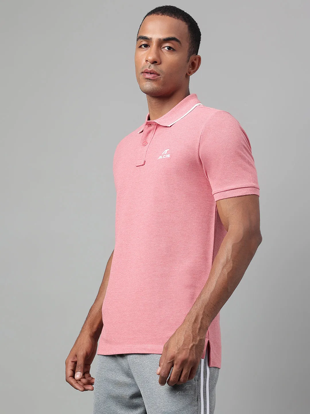 Alcis Men's Red Melange Soft-Touch Regular-Fit Athleisure Polo T-Shirt SoftCheckered Weave Workout Friendly