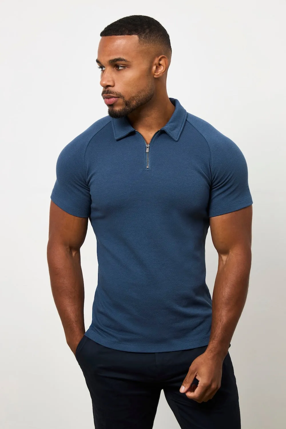 Zip Neck Polo Shirt in Teal Relaxed Style DoubleStitched Seams