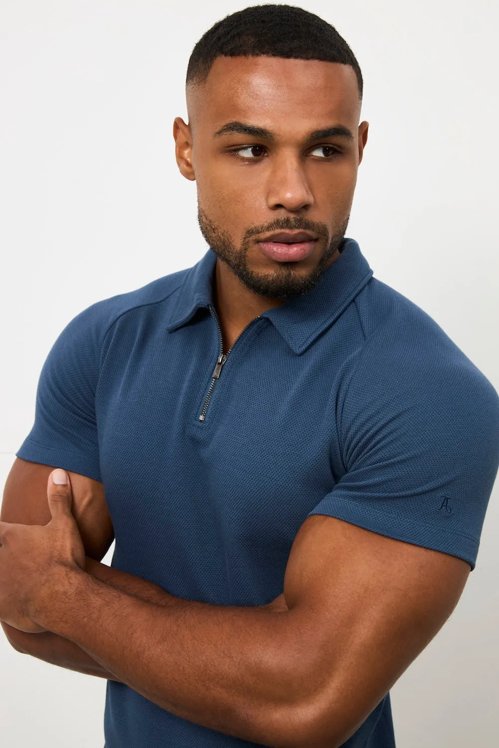 Solid Color Dress Up Or Down Zip Neck Polo Shirt in Teal