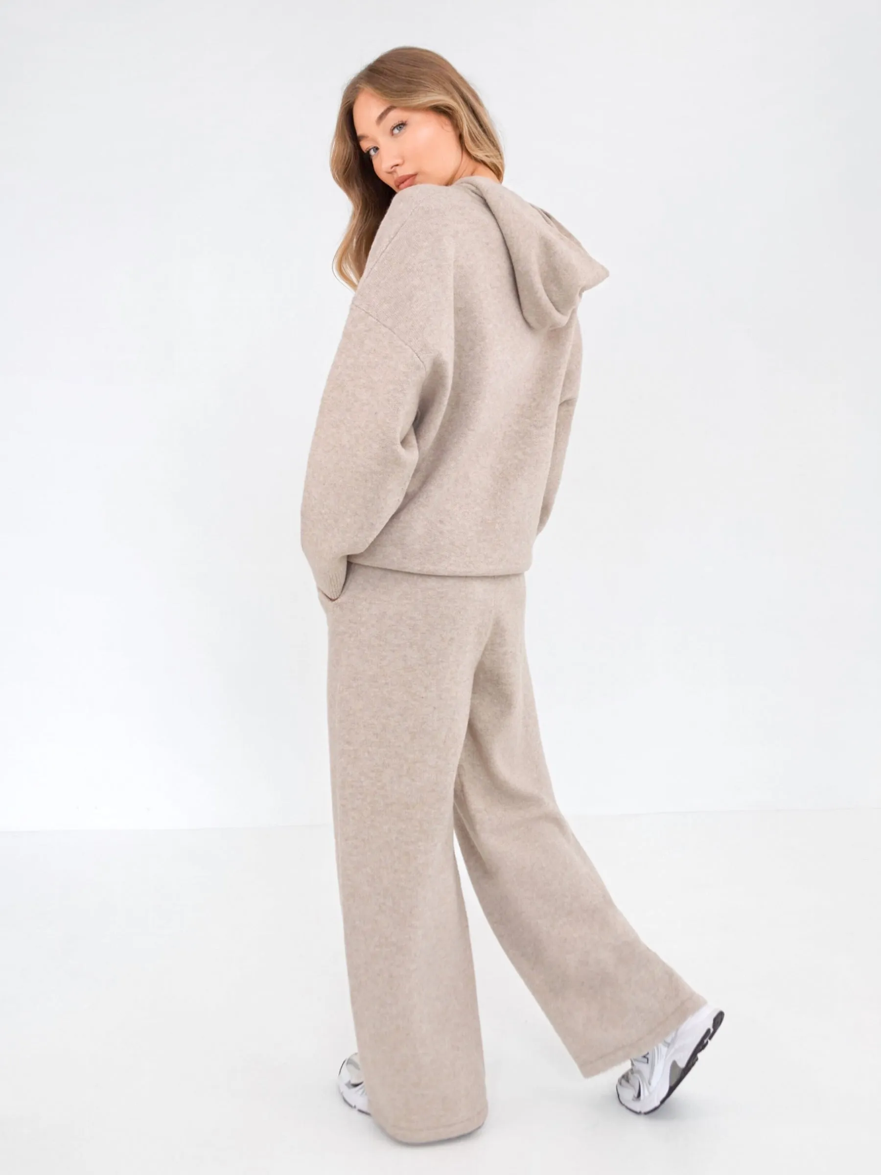 Patchwork City Look Oversized Knitted Hoodie - Toasted Taupe
