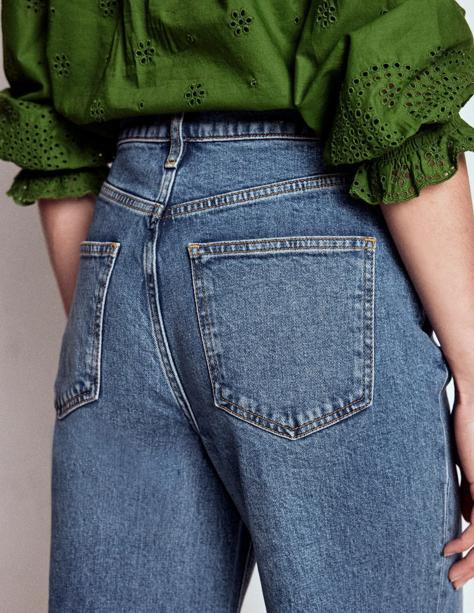 High Rise Column Leg Jeans-Mid Vintage Layered Knee Panels Lifestyle Piece