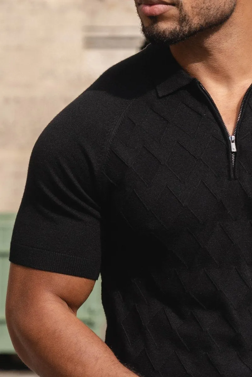 Diamond Jacquard Knitted Polo Shirt in Black EasyCare Woven Fabric