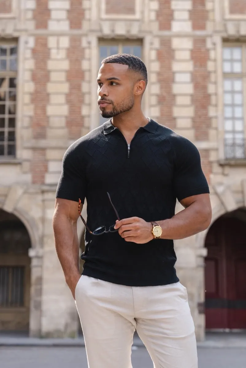 ButtonDown Collar Yarn Dyed Collar Diamond Jacquard Knitted Polo Shirt in Black