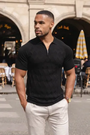 Corporate Dress Code Trendy Casual Diamond Jacquard Knitted Polo Shirt in Black