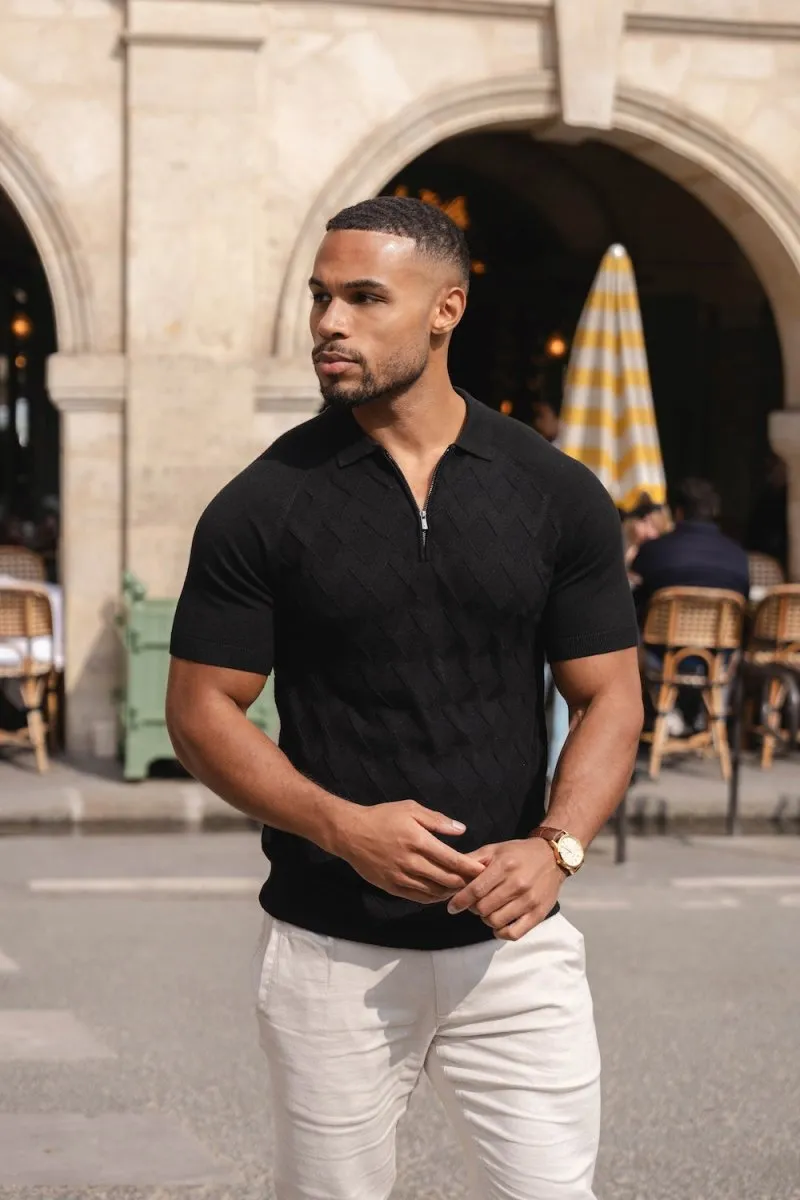 Diamond Jacquard Knitted Polo Shirt in Black High-Quality Stitching