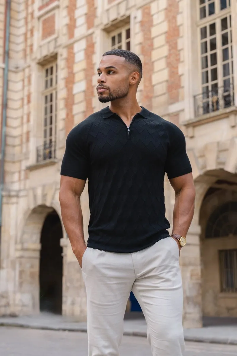Diamond Jacquard Knitted Polo Shirt in Black Youthful Appeal SnagResistant Weave