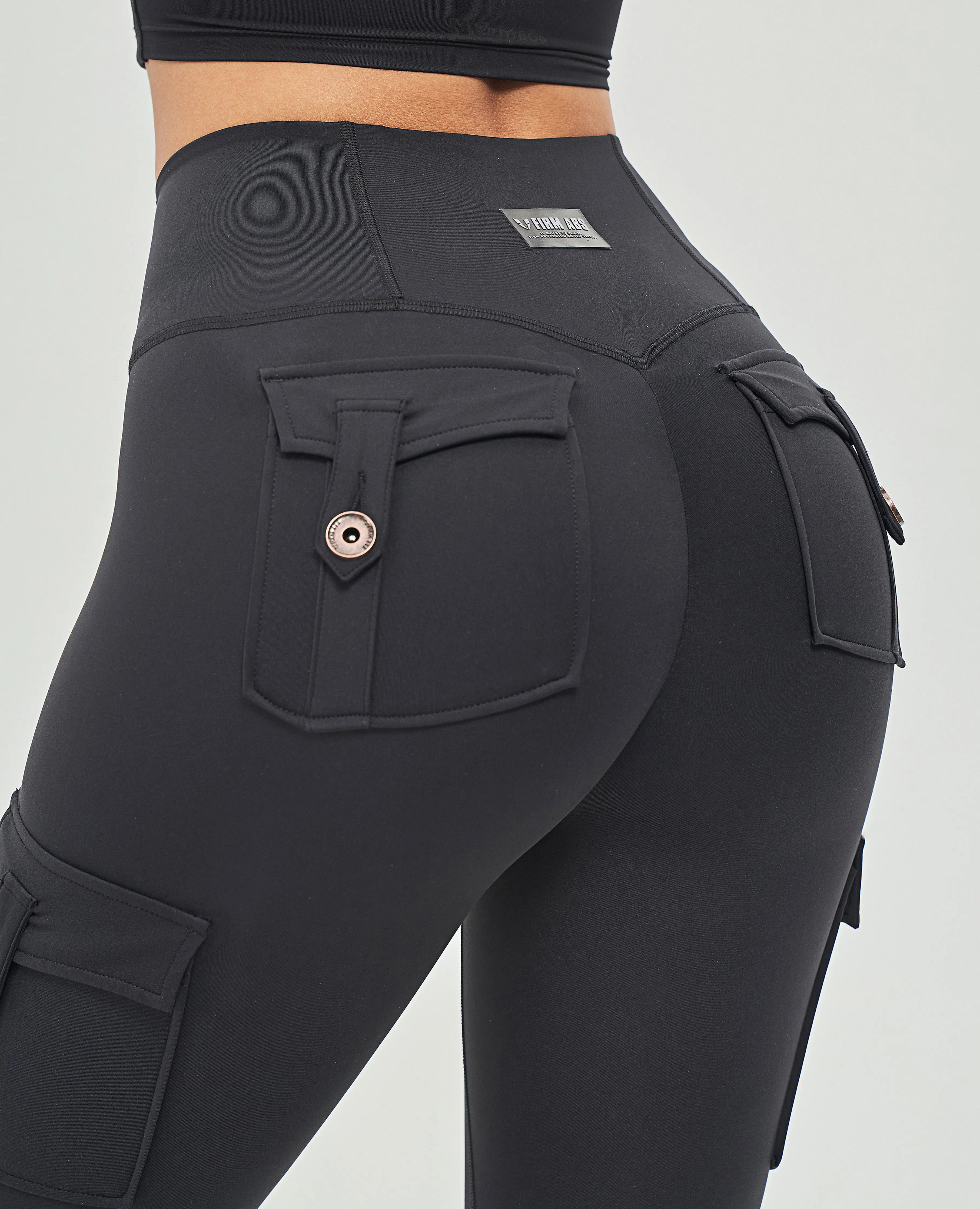 Body Sculpt High Waisted Cargo Leggings - Black Stretch Fit Yoga Class Street Outfit