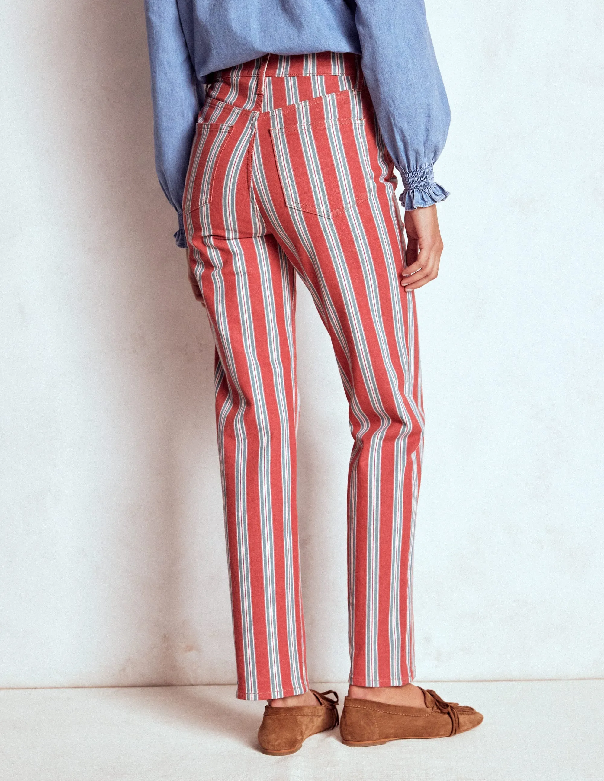 High Rise Stripe Jeans-Red, Blue and Pink Stripe Heavy Duty Zipper Mechanism Belt Loop Reinforcement