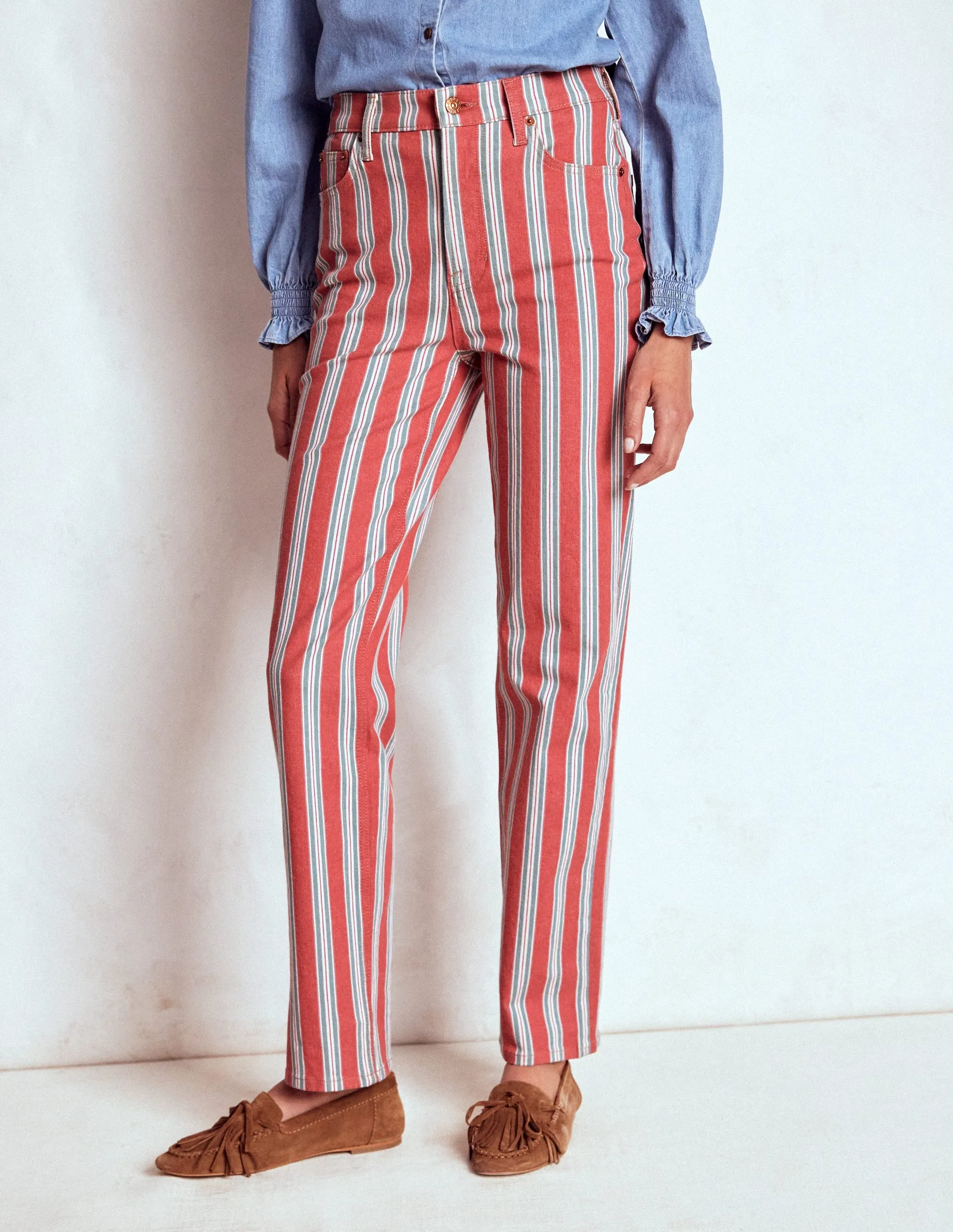 High Rise Stripe Jeans-Red, Blue and Pink Stripe Modern Wear Neutral Fabric