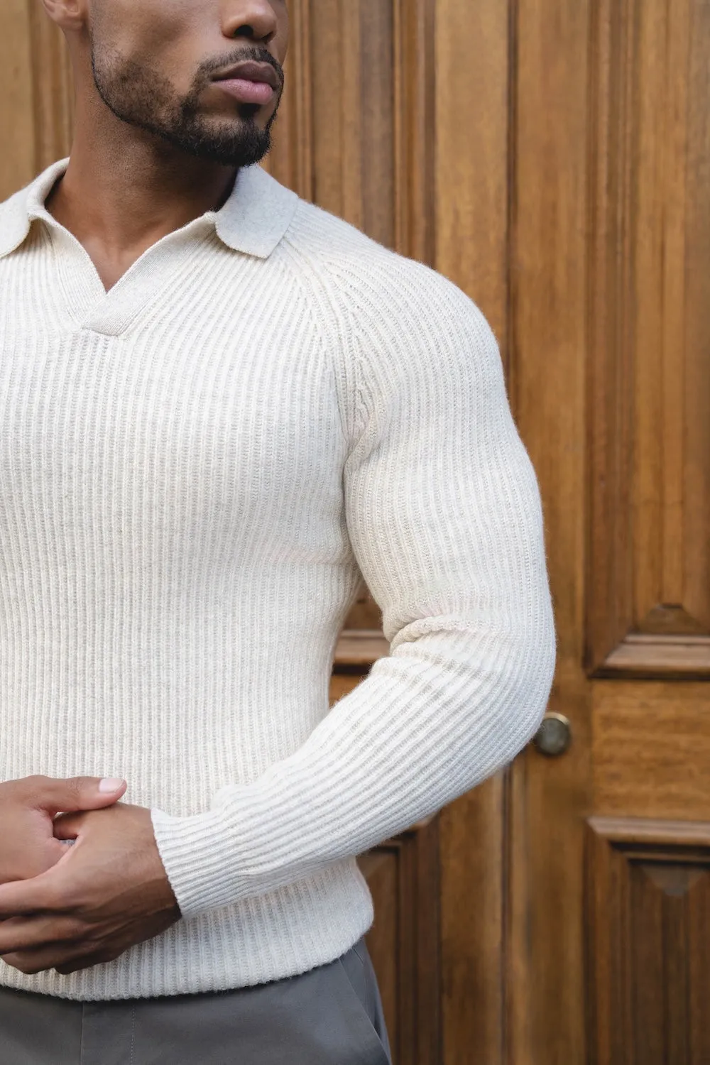 Fisherman Rib Open Collar Polo Shirt in Winter White Mesh Lined Back