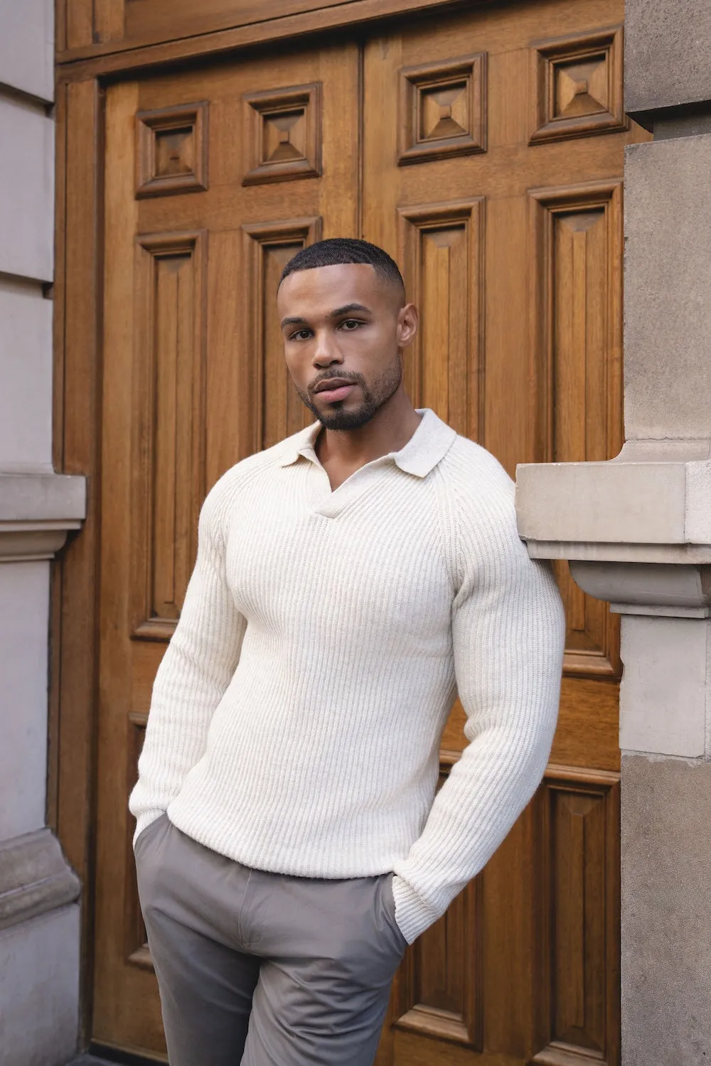 Fisherman Rib Open Collar Polo Shirt in Winter White MoistureManagement System