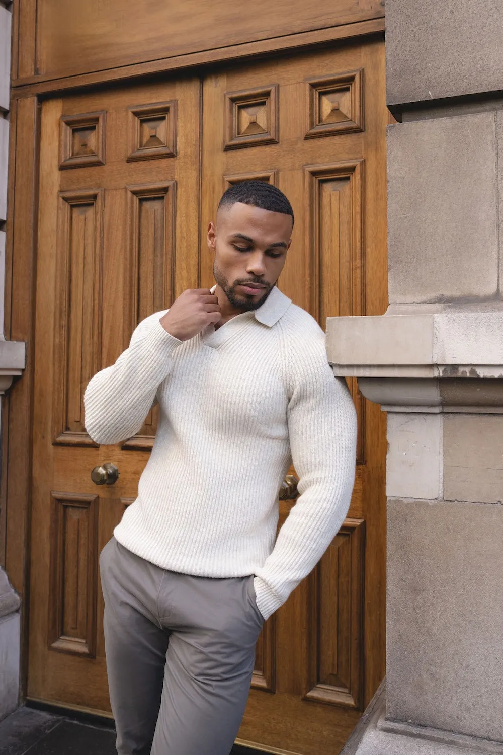 SnagProof Material Fisherman Rib Open Collar Polo Shirt in Winter White
