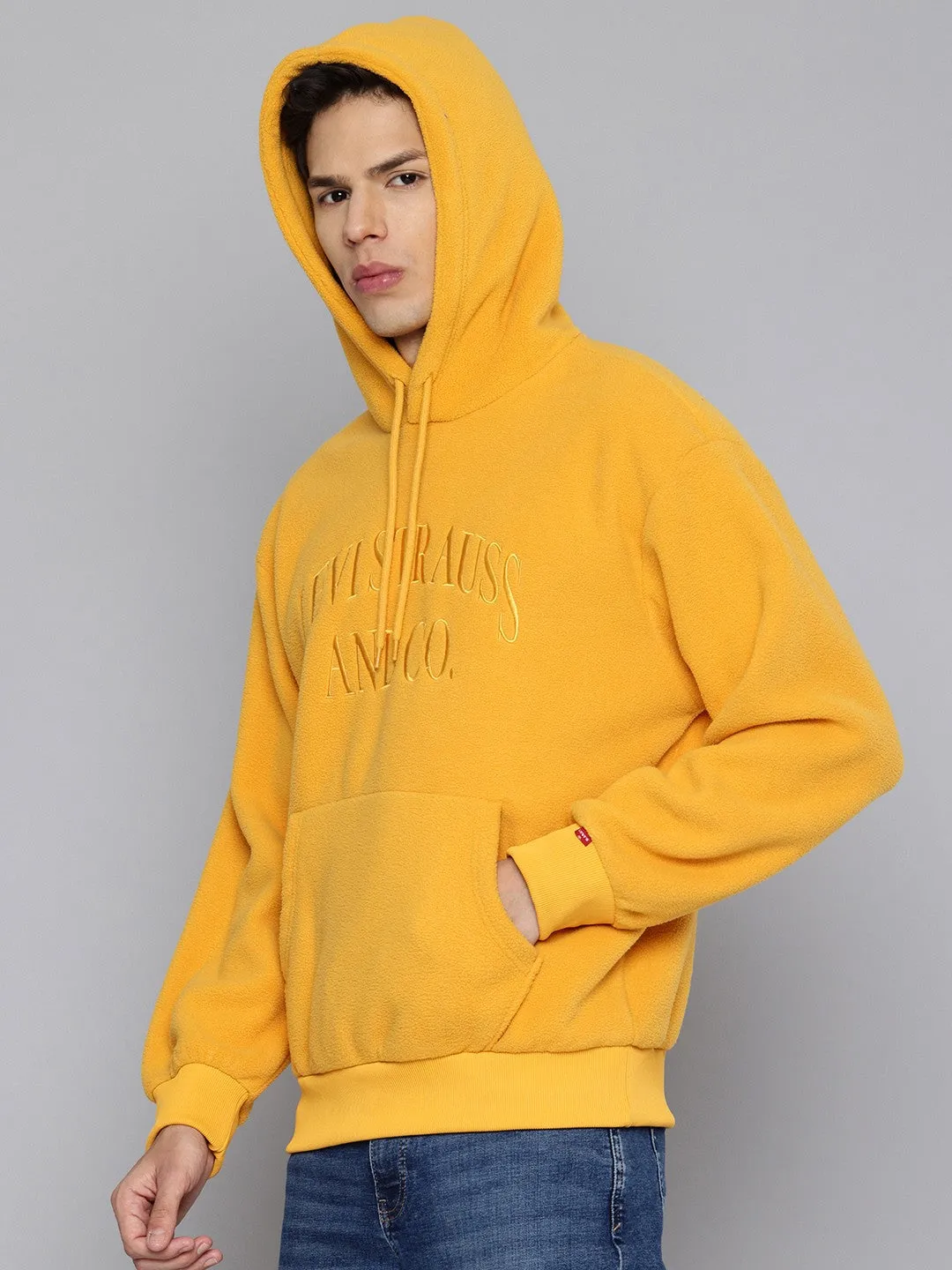 Men's Brand Logo Mustard Hooded Sweatshirt Solid Color