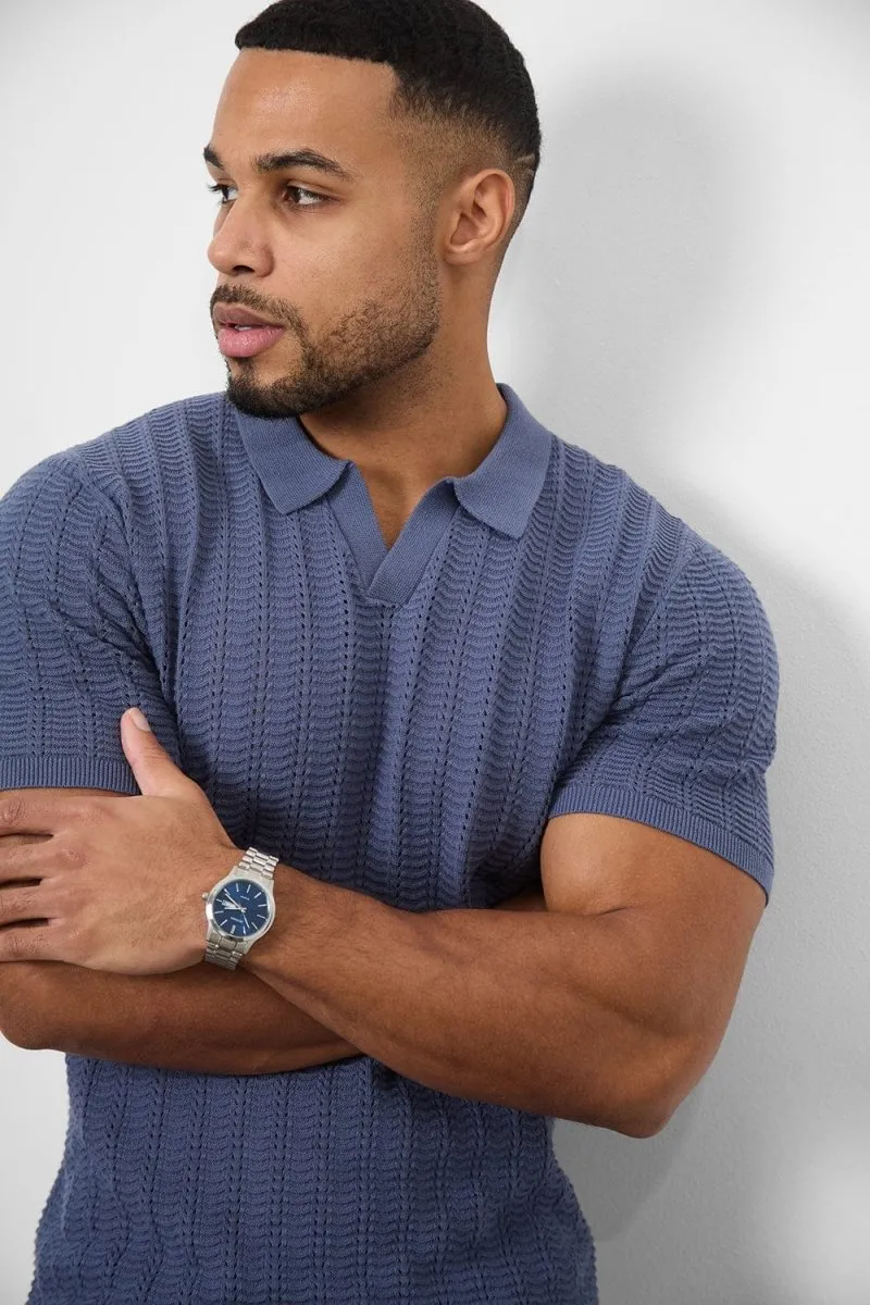 Breathable Shirt Cotton Textured Open Collar Knitted Polo Shirt in Slate Blue